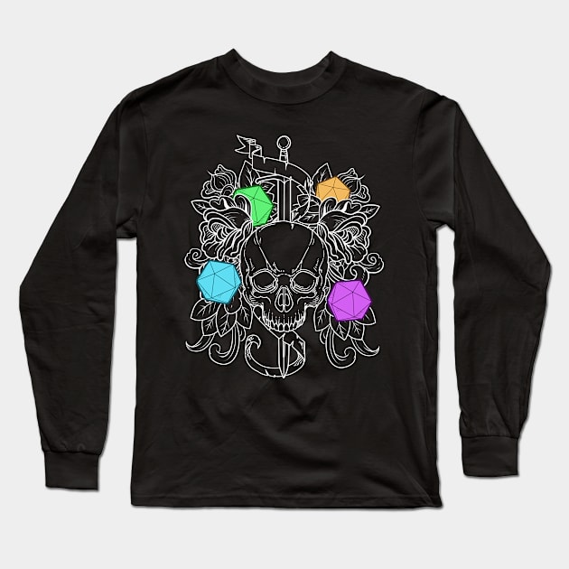 Dungeons Print Fantasy RPG D20 Vintage Tabletop Skull Dice Long Sleeve T-Shirt by Linco